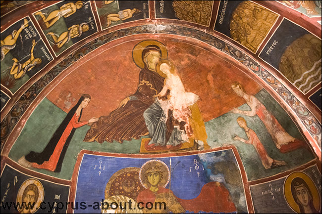 Фреска нартекса в церкви Асину (Никитари, Кипр), изображающая дарителей, пожертвоваших деньги на роспись нартекса